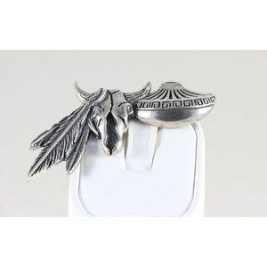 Vintage Sterling Silver Western Pin Brooch Steer Feather and Bowl
